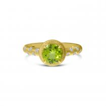 14K Yellow Gold Round Peridot and Diamond Satin Band Ring