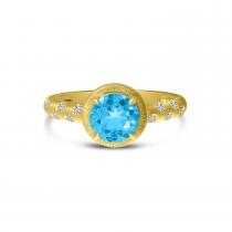 14K Yellow Gold Round Blue Topaz and Diamond Satin Band  Ring