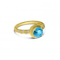 14K Yellow Gold Round Blue Topaz and Diamond Satin Band  Ring