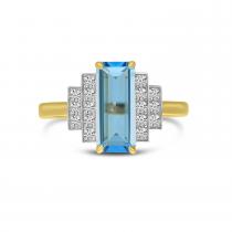 14K Yellow Gold Elongated Octagon Blue Topaz and Diamond Ring