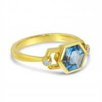 14K Yellow Gold Hexagon Blue Topaz and Diamond Geometric Ring