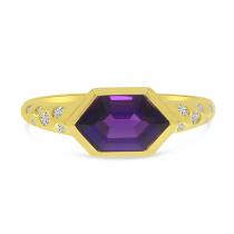 14k Yellow Gold Hexagon Amethyst and Diamond Band Ring