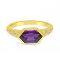 14k Yellow Gold Hexagon Amethyst and Diamond Band Ring