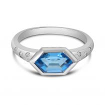 14K White Gold Hexagon Blue Topaz with Diamond Band Semi Precious Ring