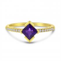 14K Yellow Gold Princess Cut Amethyst and Diamond Band Ring