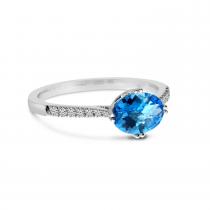 14K White Gold Oval Blue Topaz and Diamond Semi Precious Ring