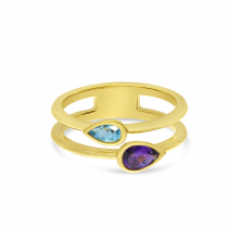 14K Yellow Gold Double Pear Duo Amethyst and Blue Topaz Semi Precious Ring