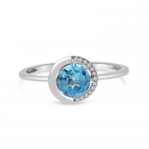 14k White Gold Round Blue Topaz with Half Diamond Halo Semi Precious Ring