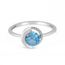 14k White Gold Round Blue Topaz with Half Diamond Halo Semi Precious Ring