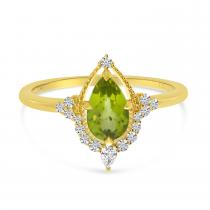 14k Yellow Gold Pear Peridot and Diamond Milgrain Ring