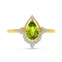 14k Yellow Gold Pear Peridot and Diamond Milgrain Ring