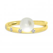 14K Yellow Gold Brushed Diamond and Pearl Band & A Half Ring