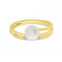 14K Yellow Gold Brushed Diamond and Pearl Band & A Half Ring